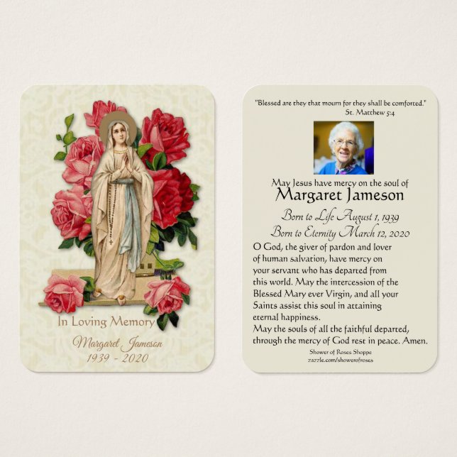 Virgin Mary Catholic Funeral Memorial Holy Card - (Front & Back)