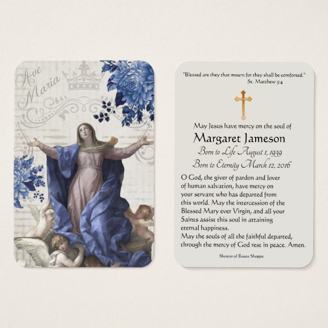 Virgin Mary Catholic Funeral Memorial Holy Card - (Front & Back)