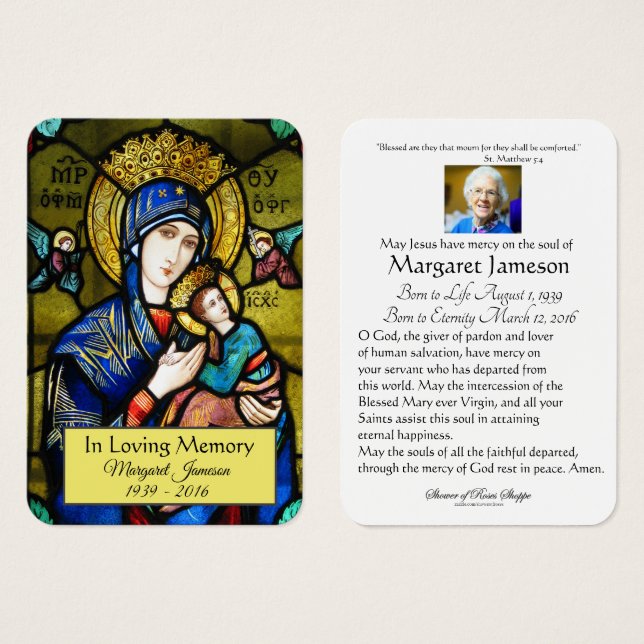 Virgin Mary Catholic Funeral Memorial Holy Card - (Front & Back)
