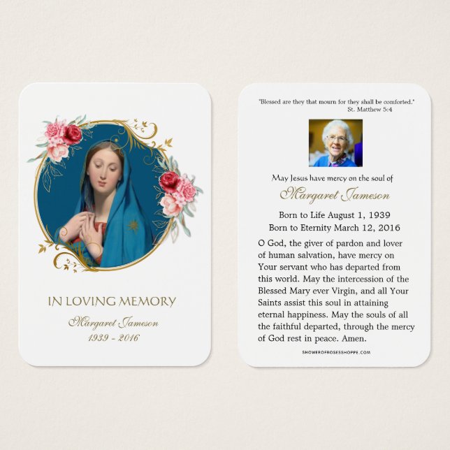 Virgin Mary Catholic Funeral Memorial Holy Card - (Front & Back)