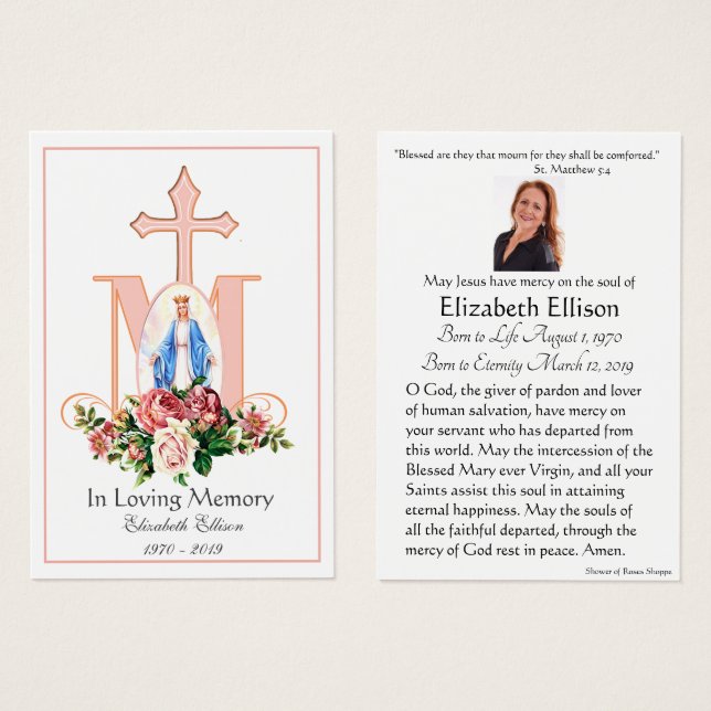 Virgin Mary Catholic Funeral Memorial Holy Card - (Front & Back)