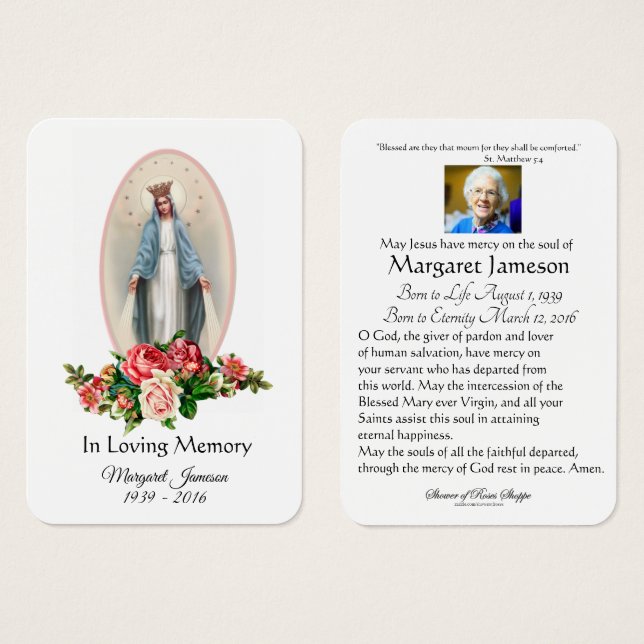 Virgin Mary Catholic Funeral Memorial Holy Card - (Front & Back)