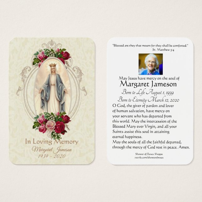 Virgin Mary Catholic Funeral Memorial Holy Card - (Front & Back)