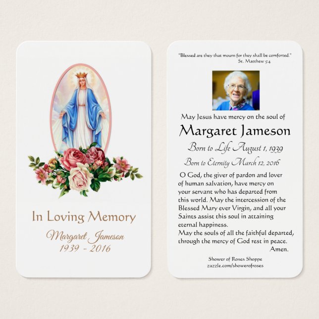 Virgin Mary Catholic Funeral Memorial Holy Card - (Front & Back)