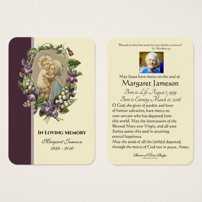 Virgin Mary Catholic Funeral Memorial Holy Card - (Front & Back)