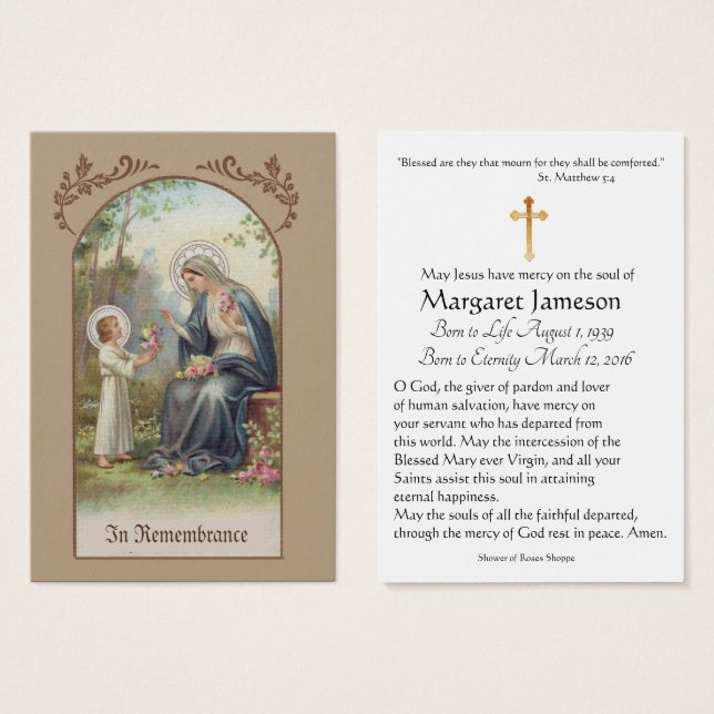 Virgin Mary Catholic Funeral Memorial Holy Card - (Front & Back)