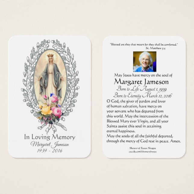 Virgin Mary Catholic Funeral Memorial Holy Card - (Front & Back)