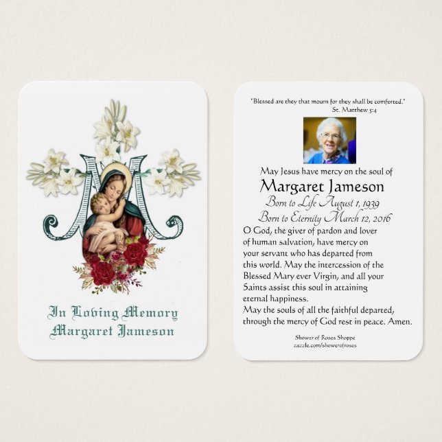 Virgin Mary Catholic Funeral Memorial Holy Card - (Front & Back)
