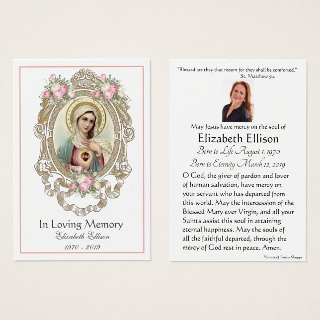 Virgin Mary Catholic Funeral Memorial Holy Card - (Front & Back)