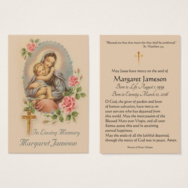 Virgin Mary Catholic Funeral Memorial Holy Card - (Front & Back)