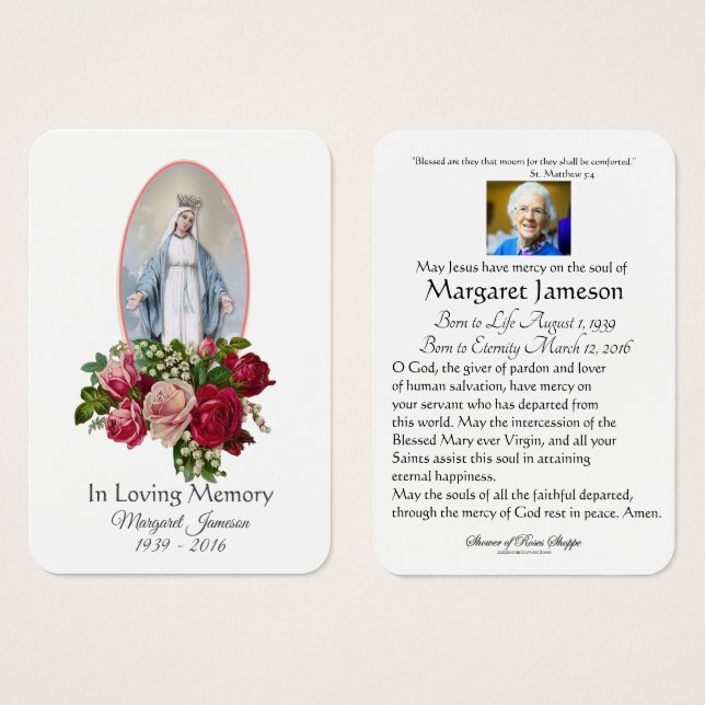 Virgin Mary Catholic Funeral Memorial Holy Card - (Front & Back)