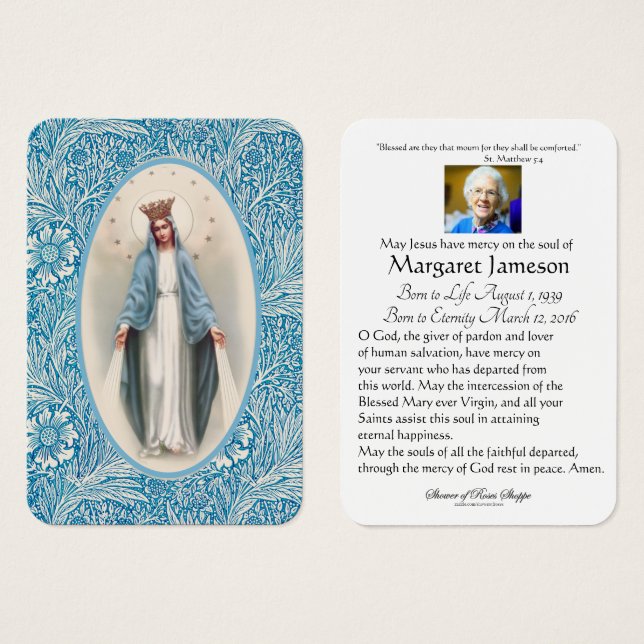 Virgin Mary Catholic Funeral Memorial Holy Card - (Front & Back)