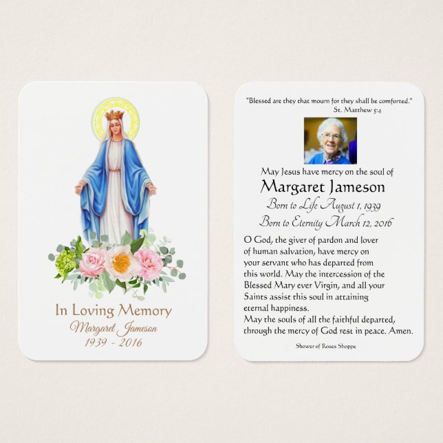 Virgin Mary Catholic Funeral Memorial Holy Card - (Front & Back)