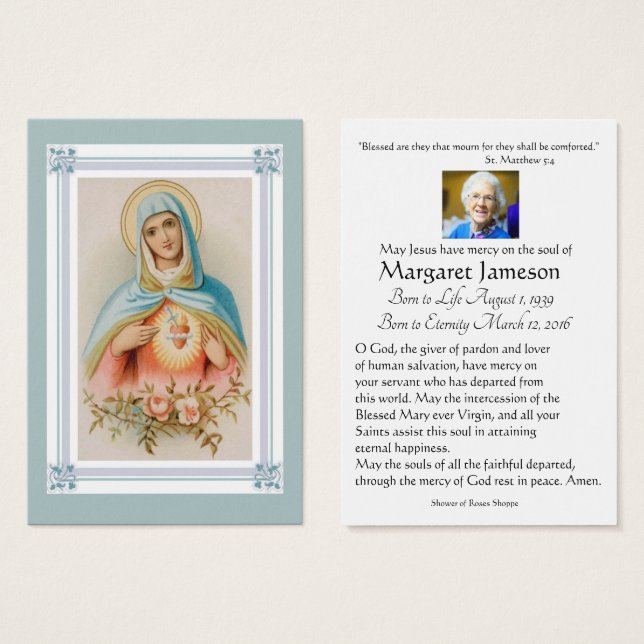 Virgin Mary Catholic Funeral Memorial Holy Card - (Front & Back)
