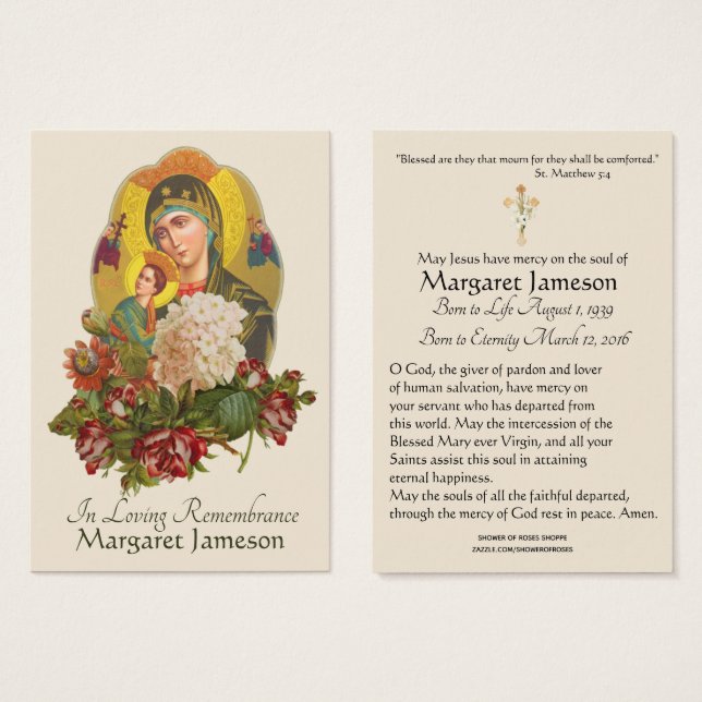 Virgin Mary Catholic Funeral Prayer Holy Card (Front & Back)