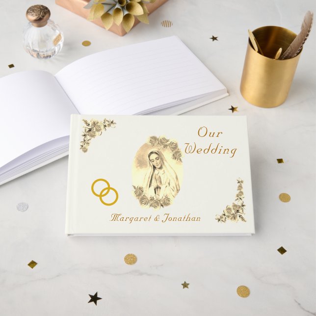 Virgin Mary Catholic Sepia Wedding Guest Book (Front Open)
