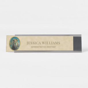 Virgin Mary Child Jesus on Ochre Foil Background Desk Name Plate