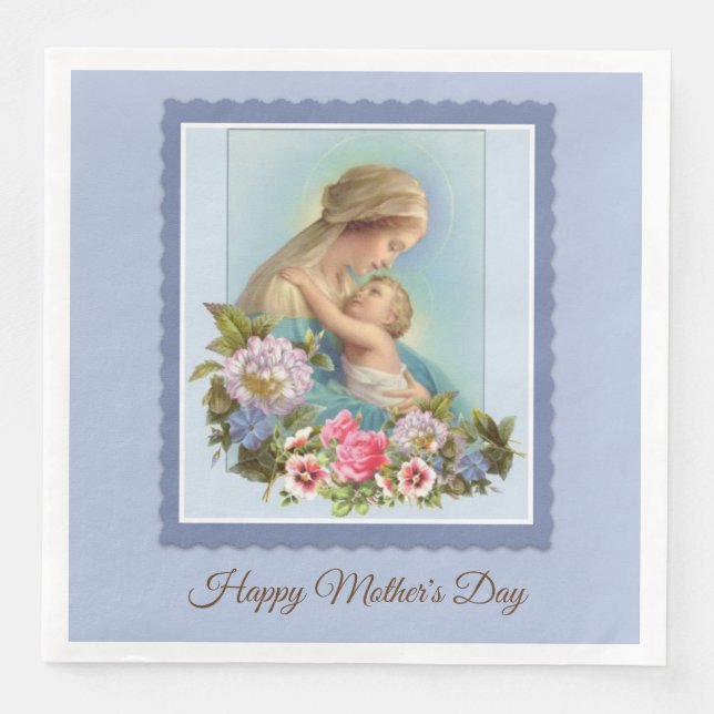 Virgin Mary Child Jesus Pink Blue Flowers Mother Napkin (Front)