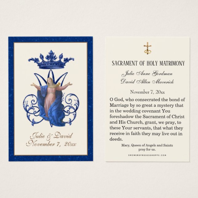 Virgin Mary  Elegant Blue Wedding Favour Card  (Front & Back)