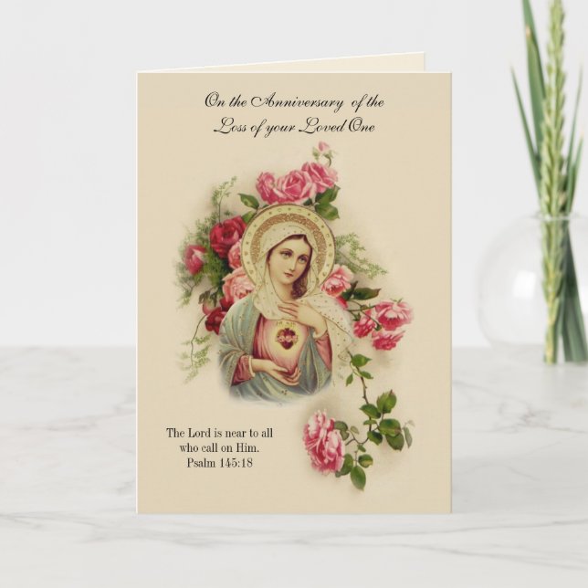 Virgin Mary Floral Anniversary of Death Loved One Card (Front)