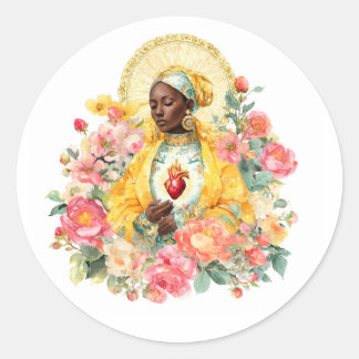 Virgin Mary Floral Religious Our Lady of Grace Art Classic Round Sticker