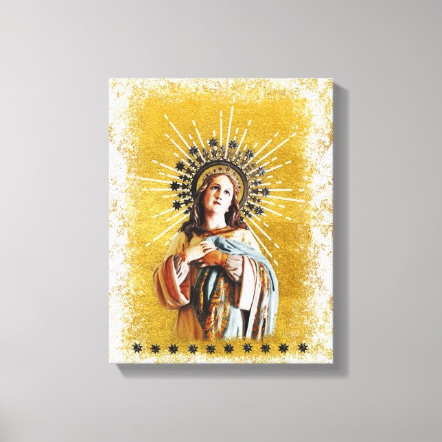 Virgin Mary Gold & White Starry Halo Canvas Print (Front)