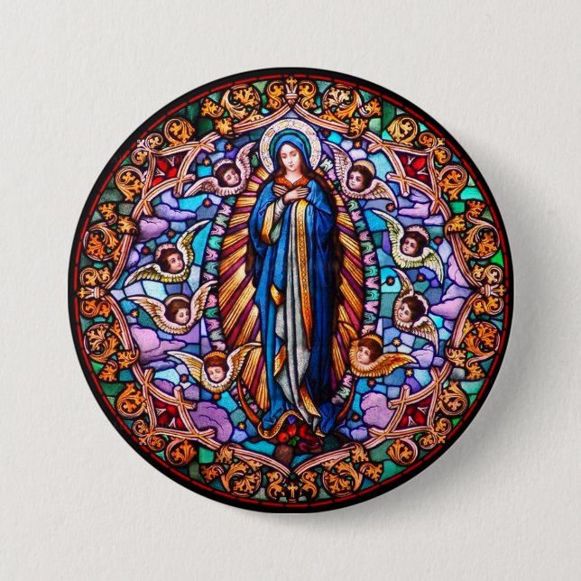 Virgin Mary in Blue Robe Replica Stained Glass 7.5 Cm Round Badge (Front)
