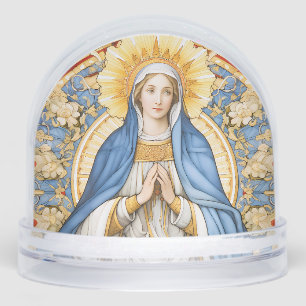 Virgin Mary in Blues and Golds Flower Frame Snowglobe