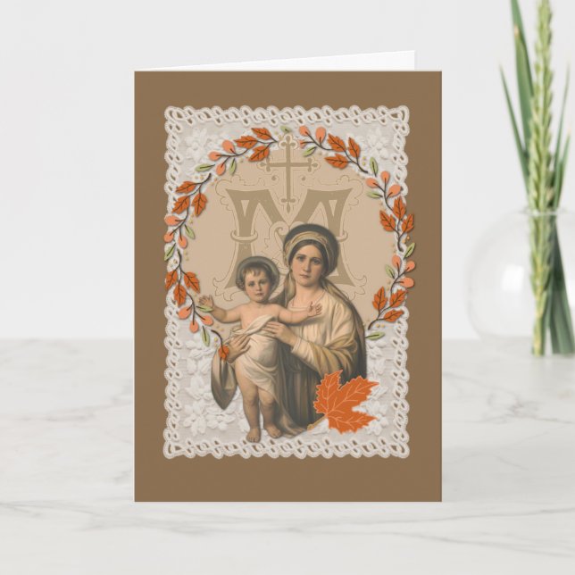 Virgin Mary Jesus Catholic Thanksgiving Autumn Holiday Card (Front)
