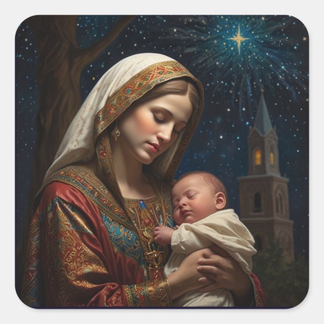 Virgin Mary & Jesus Christmas Nativity Square Sticker (Front)