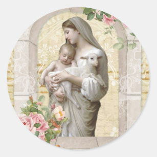 Virgin Mary Jesus Lamb Vintage Floral Religious Classic Round Sticker