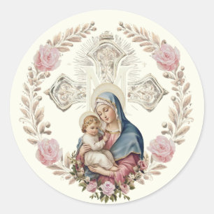 Virgin Mary Jesus Vintage Pink Roses Catholic Classic Round Sticker