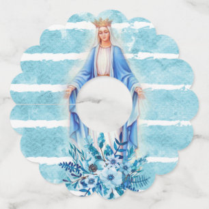 Virgin Mary Lady of Grace Blue Floral Watercolor Wine Glass Tag