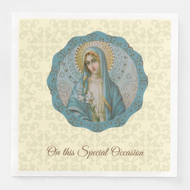Virgin Mary Lily Blue Turquoise Gold Mother Napkin (Front)