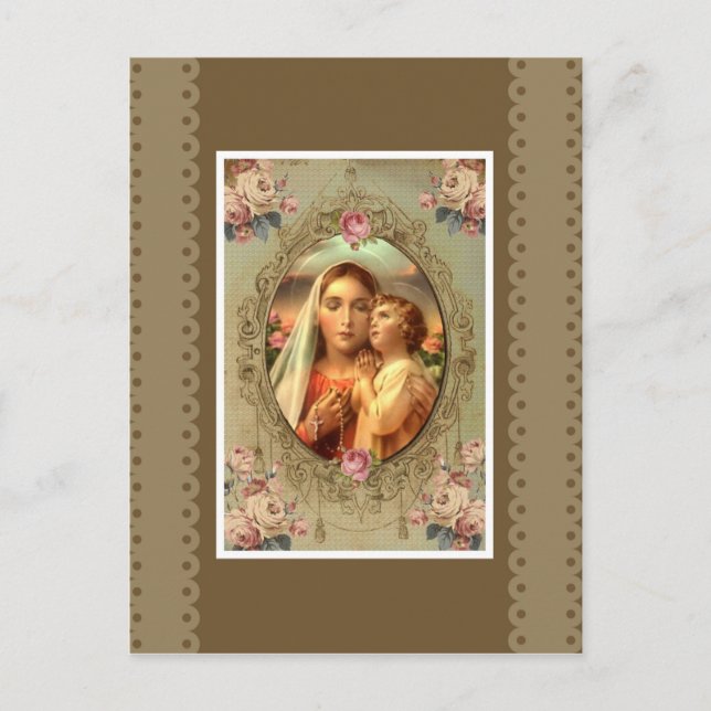Virgin Mary Madonna Child Jesus Rosary Roses Postcard (Front)