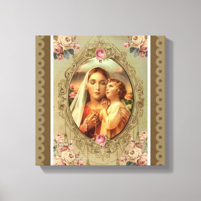 Virgin Mary Madonna Child Jesus Roses Rosary Canvas Print (Front)
