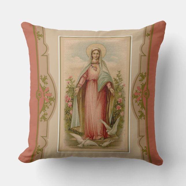 Virgin Mary Madonna with doves & flowers Cushion (Front)