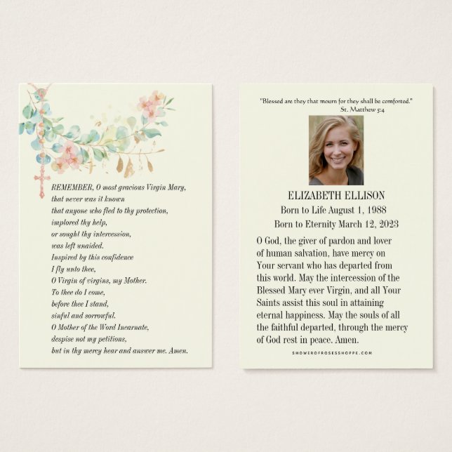 Virgin Mary Memorare Prayer Funeral Prayer Card (Front & Back)
