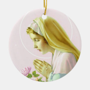 Virgin Mary Prayer _Pink Rose_Ornament Ceramic Tree Decoration