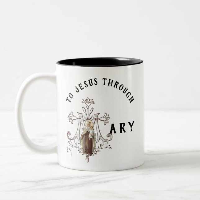 Virgin Mary Religious Catholic Jesus Prayer Two-Tone Coffee Mug (Left)