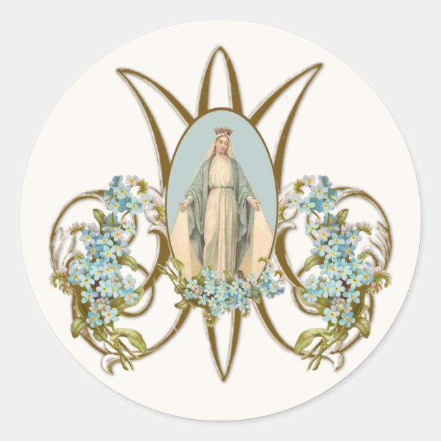 Virgin Mary Religious Elegant Floral Grace Classic Round Sticker (Front)