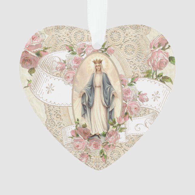Virgin Mary Religious Vintage Roses Lace Ornament (Front)