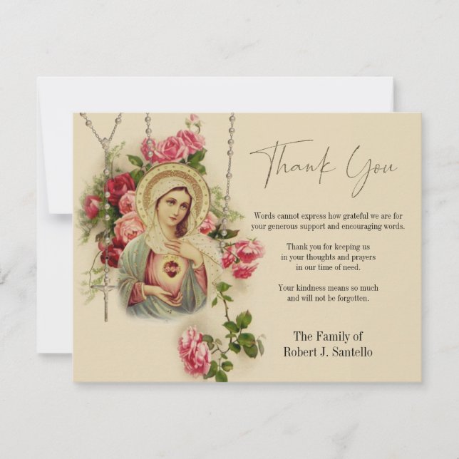 Virgin Mary  Rosary Funeral Condolence Sympathy Thank You Card (Front)