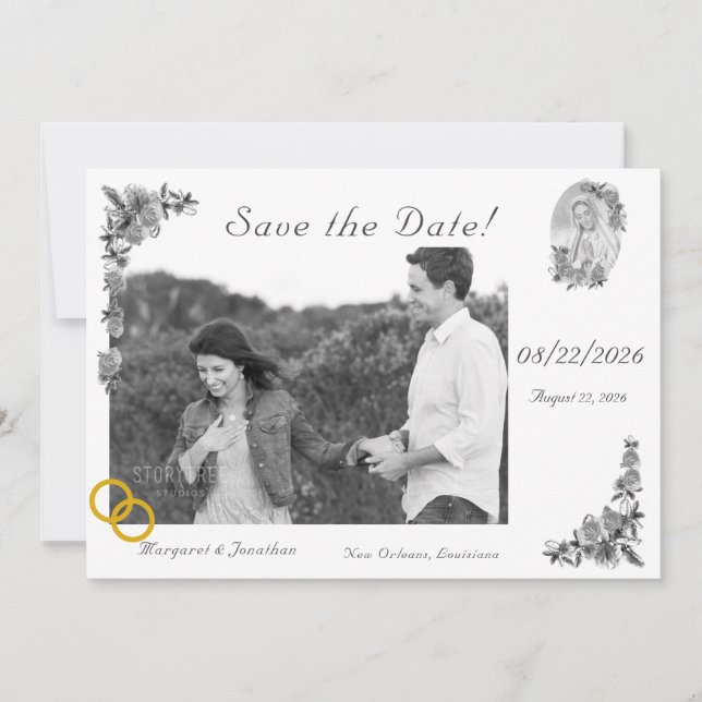 Virgin Mary Silver Catholic Wedding Save the Date (Front)