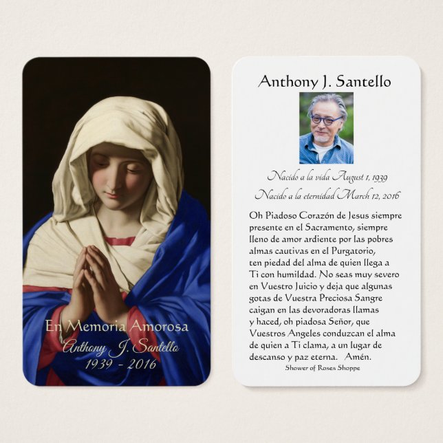 Virgin Mary Spanish Funeral Memorial Holy Card - (Front & Back)