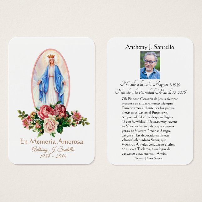 Virgin Mary Spanish Funeral Memorial Holy Card - (Front & Back)