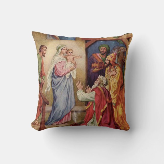 Virgin Mary, Three Kings, Jesus, St. Joseph, Magi Cushion (Front)