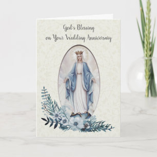 VIRGIN MARY   WEDDING ANNIVERSARY   BLUE FLOWERS CARD