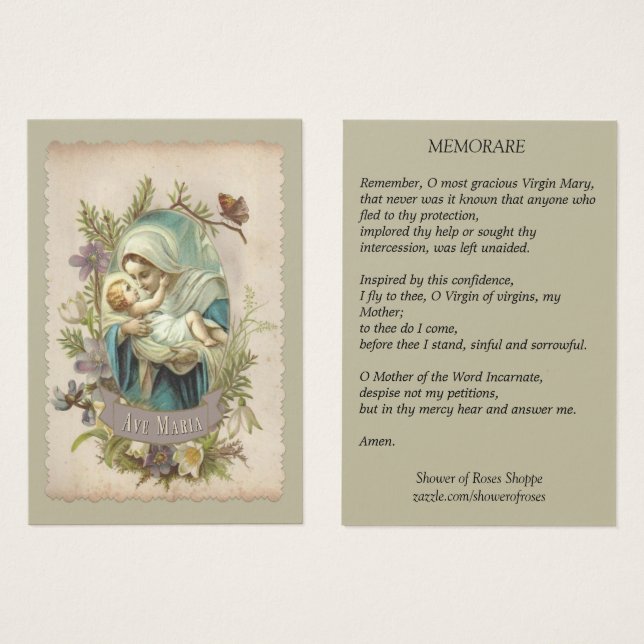 Virgin Mary with Baby Jesus Memorare Holy Card (Front & Back)