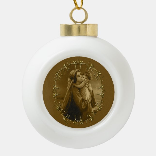 Virgin Mary with Child Jesus, Gold Border Design Ceramic Ball Christmas Ornament (Front)